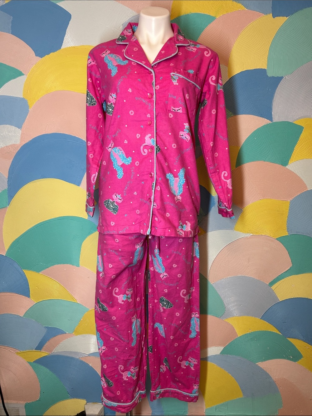 Vintage Kanji feline fabulous Pink Cat Print Pajama Set hundred percent cotton